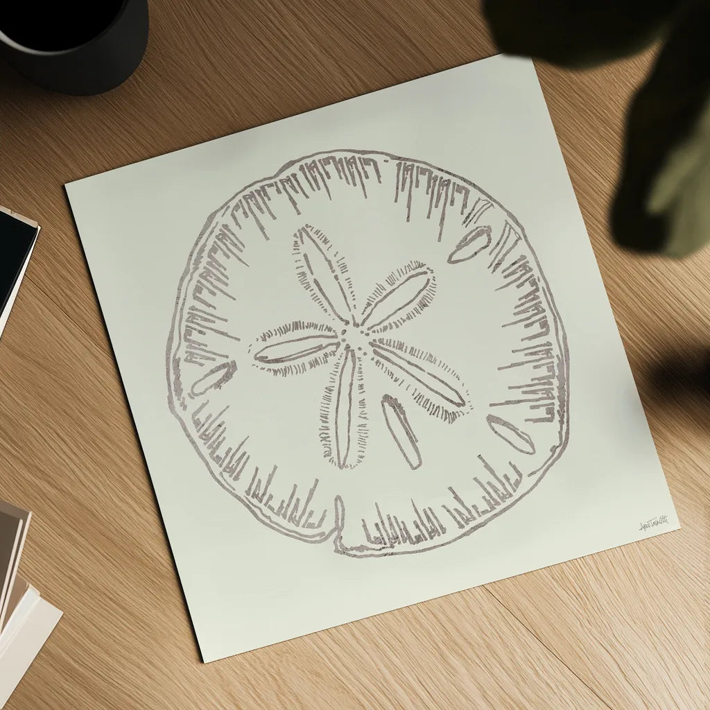 Coastal Breeze Shell Sketches IV Silver by Anne Tavoletti. Shown as a detailed flat fine art print, highlighting archival giclee quality. Available as an archival giclee rolled canvas, fine art paper, or poster print. SKU 63508a.