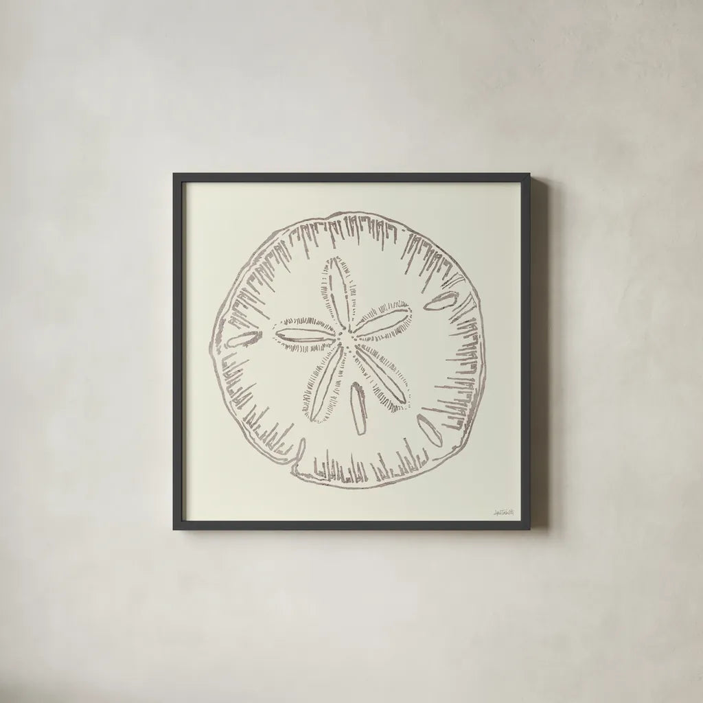Coastal Breeze Shell Sketches IV Silver by Anne Tavoletti. Shown in a sleek black glass frame for a contemporary gallery look. Available as an archival giclee rolled canvas, fine art paper, or poster print. SKU 63508a.