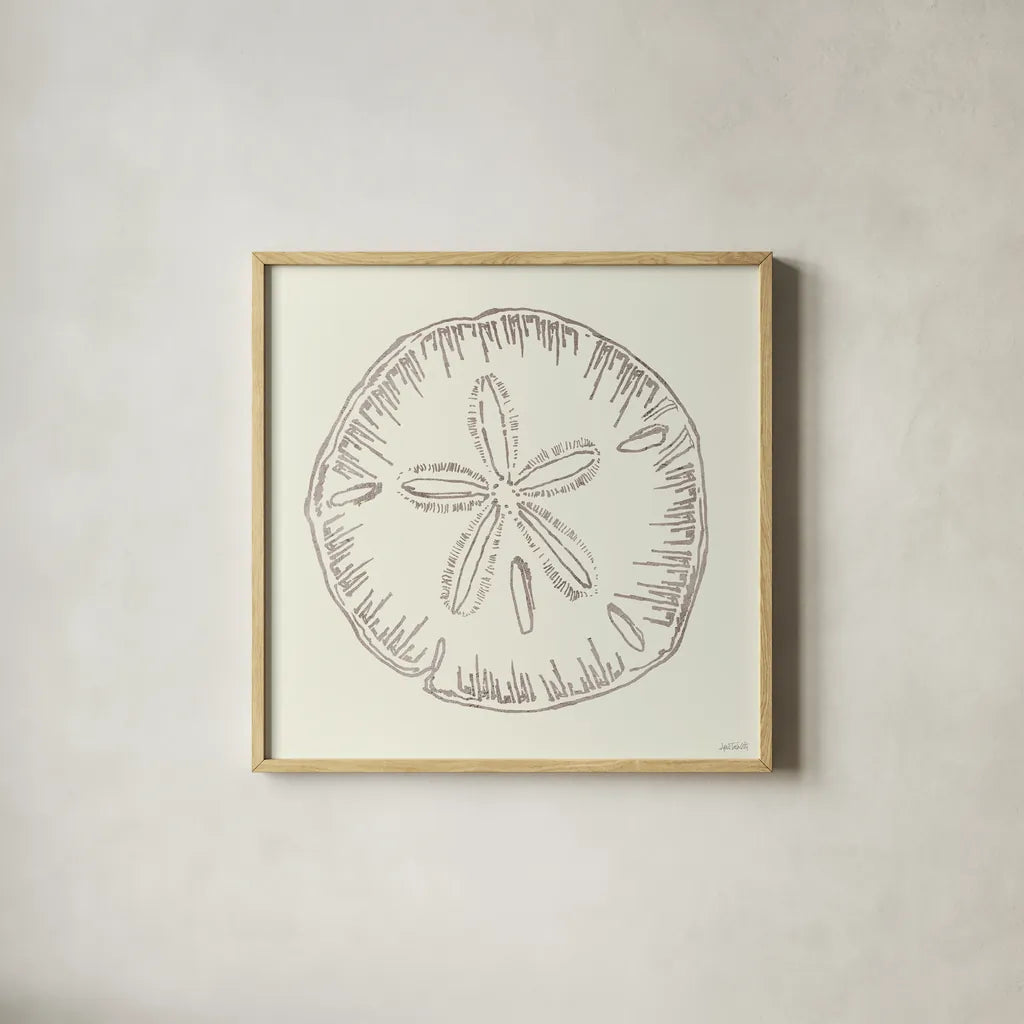 Coastal Breeze Shell Sketches IV Silver by Anne Tavoletti. Shown in a natural wood glass frame for a timeless modern aesthetic. Available as an archival giclee rolled canvas, fine art paper, or poster print. SKU 63508a.