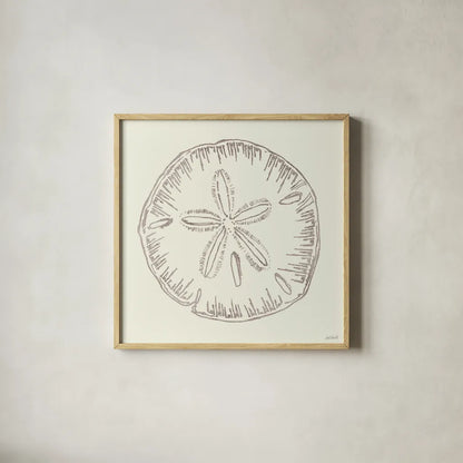 Coastal Breeze Shell Sketches IV Silver by Anne Tavoletti. Shown in a natural wood glass frame for a timeless modern aesthetic. Available as an archival giclee rolled canvas, fine art paper, or poster print. SKU 63508a.