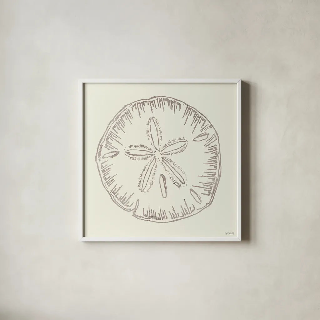 Coastal Breeze Shell Sketches IV Silver by Anne Tavoletti. Shown in a crisp white glass frame for a clean and minimalist style. Available as an archival giclee rolled canvas, fine art paper, or poster print. SKU 63508a.