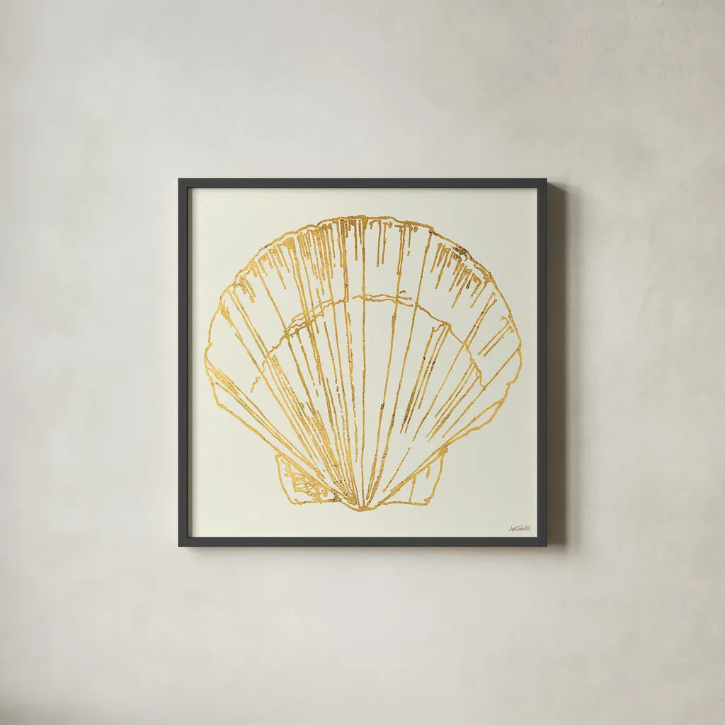 Coastal Breeze Shell Sketches V by Anne Tavoletti. Shown in a sleek black glass frame for a contemporary gallery look. Available as an archival giclee rolled canvas, fine art paper, or poster print. SKU 22650a.