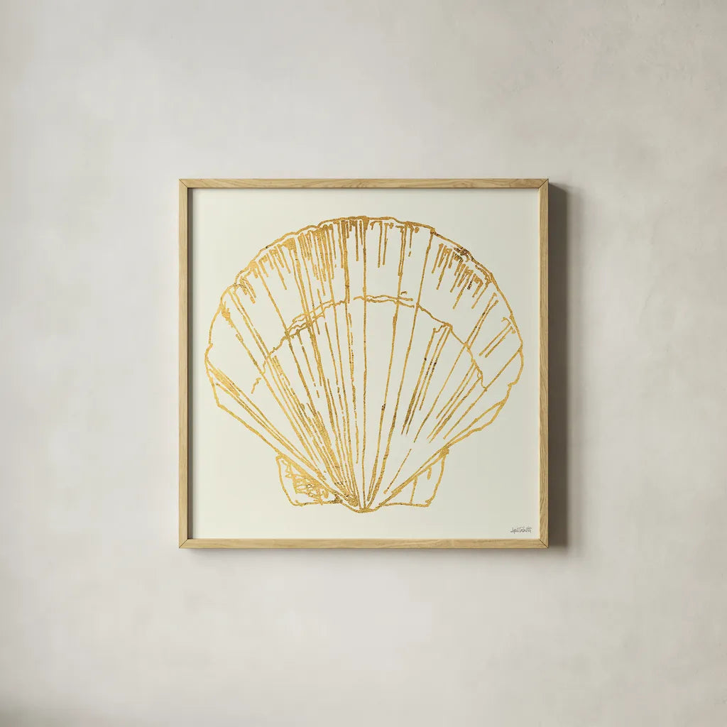 Coastal Breeze Shell Sketches V by Anne Tavoletti. Shown in a natural wood glass frame for a timeless modern aesthetic. Available as an archival giclee rolled canvas, fine art paper, or poster print. SKU 22650a.