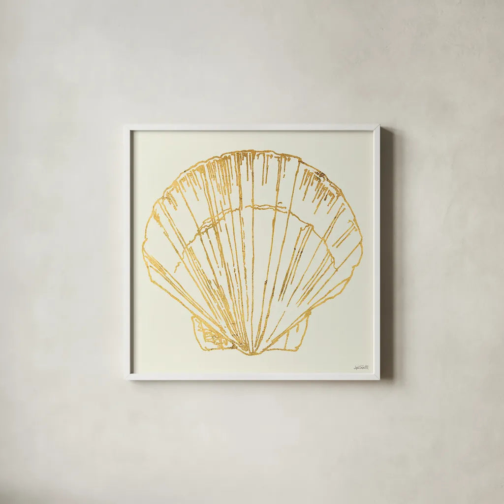 Coastal Breeze Shell Sketches V by Anne Tavoletti. Shown in a crisp white glass frame for a clean and minimalist style. Available as an archival giclee rolled canvas, fine art paper, or poster print. SKU 22650a.