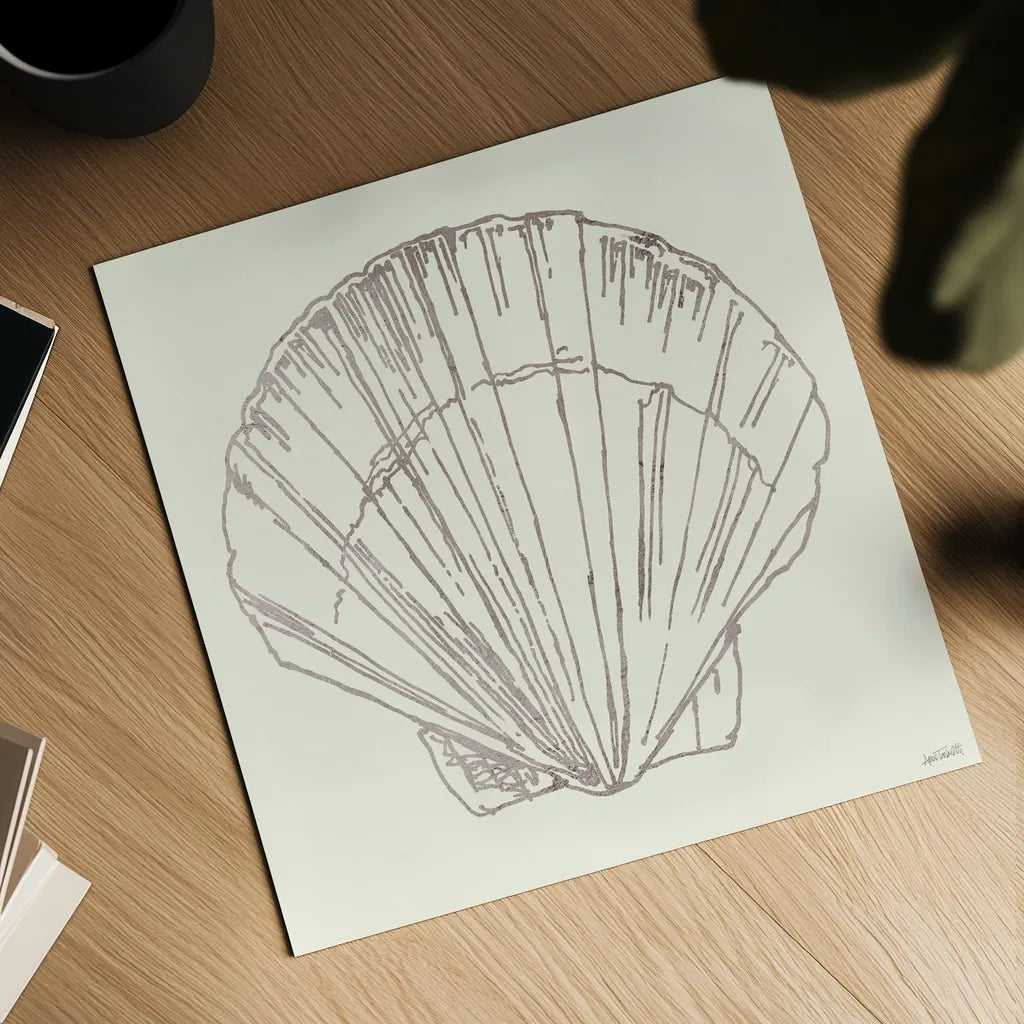 Coastal Breeze Shell Sketches V Silver by Anne Tavoletti. Shown as a detailed flat fine art print, highlighting archival giclee quality. Available as an archival giclee rolled canvas, fine art paper, or poster print. SKU 63509a.