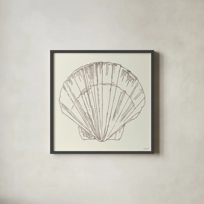 Coastal Breeze Shell Sketches V Silver by Anne Tavoletti. Shown in a sleek black glass frame for a contemporary gallery look. Available as an archival giclee rolled canvas, fine art paper, or poster print. SKU 63509a.