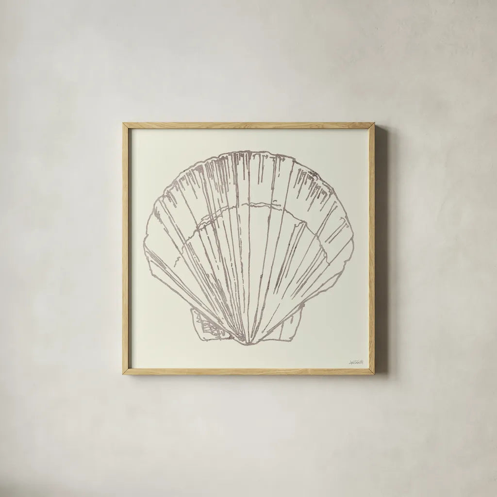 Coastal Breeze Shell Sketches V Silver by Anne Tavoletti. Shown in a natural wood glass frame for a timeless modern aesthetic. Available as an archival giclee rolled canvas, fine art paper, or poster print. SKU 63509a.