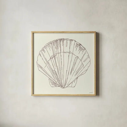 Coastal Breeze Shell Sketches V Silver by Anne Tavoletti. Shown in a natural wood glass frame for a timeless modern aesthetic. Available as an archival giclee rolled canvas, fine art paper, or poster print. SKU 63509a.