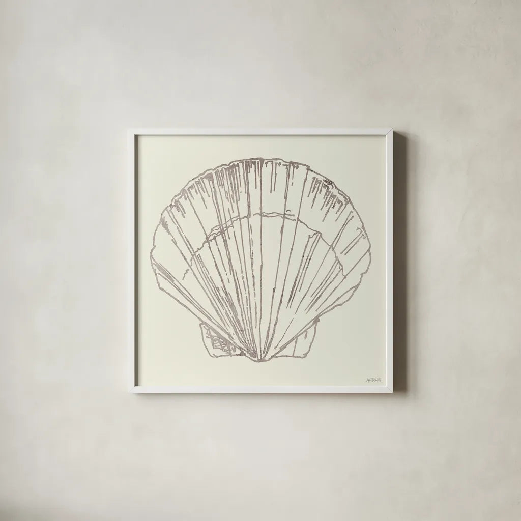 Coastal Breeze Shell Sketches V Silver by Anne Tavoletti. Shown in a crisp white glass frame for a clean and minimalist style. Available as an archival giclee rolled canvas, fine art paper, or poster print. SKU 63509a.