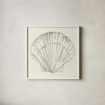 Coastal Breeze Shell Sketches V Silver by Anne Tavoletti. Shown in a crisp white glass frame for a clean and minimalist style. Available as an archival giclee rolled canvas, fine art paper, or poster print. SKU 63509a.