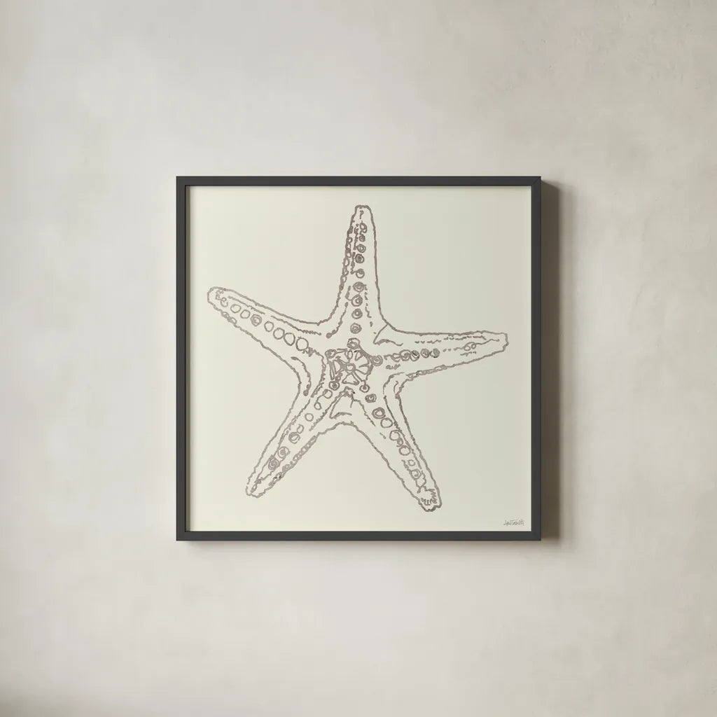 Coastal Breeze Shell Sketches VI Silver by Anne Tavoletti. Shown in a sleek black glass frame for a contemporary gallery look. Available as an archival giclee rolled canvas, fine art paper, or poster print. SKU 63510a.