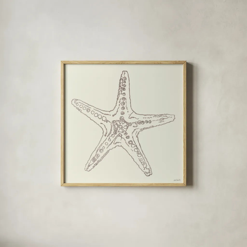 Coastal Breeze Shell Sketches VI Silver by Anne Tavoletti. Shown in a natural wood glass frame for a timeless modern aesthetic. Available as an archival giclee rolled canvas, fine art paper, or poster print. SKU 63510a.