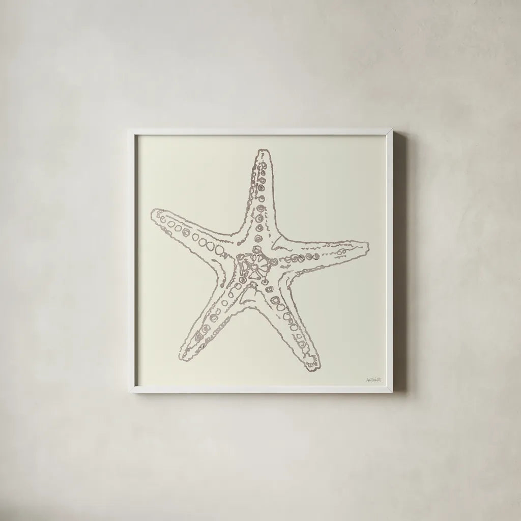 Coastal Breeze Shell Sketches VI Silver by Anne Tavoletti. Shown in a crisp white glass frame for a clean and minimalist style. Available as an archival giclee rolled canvas, fine art paper, or poster print. SKU 63510a.