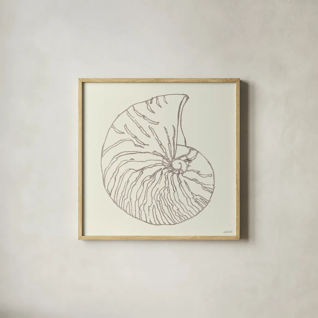 Coastal Breeze Shell Sketches VII Silver by Anne Tavoletti. Shown in a natural wood glass frame for a timeless modern aesthetic. Available as an archival giclee rolled canvas, fine art paper, or poster print. SKU 63511a.