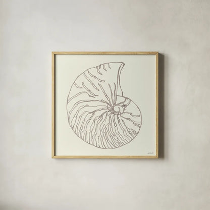 Coastal Breeze Shell Sketches VII Silver by Anne Tavoletti. Shown in a natural wood glass frame for a timeless modern aesthetic. Available as an archival giclee rolled canvas, fine art paper, or poster print. SKU 63511a.