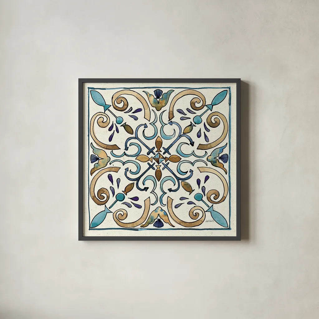 Coastal Breeze Tile I by Anne Tavoletti. Shown in a sleek black glass frame for a contemporary gallery look. Available as an archival giclee rolled canvas, fine art paper, or poster print. SKU 20652a.