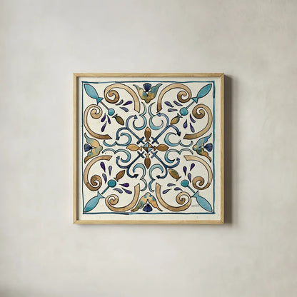 Coastal Breeze Tile I by Anne Tavoletti. Shown in a natural wood glass frame for a timeless modern aesthetic. Available as an archival giclee rolled canvas, fine art paper, or poster print. SKU 20652a.