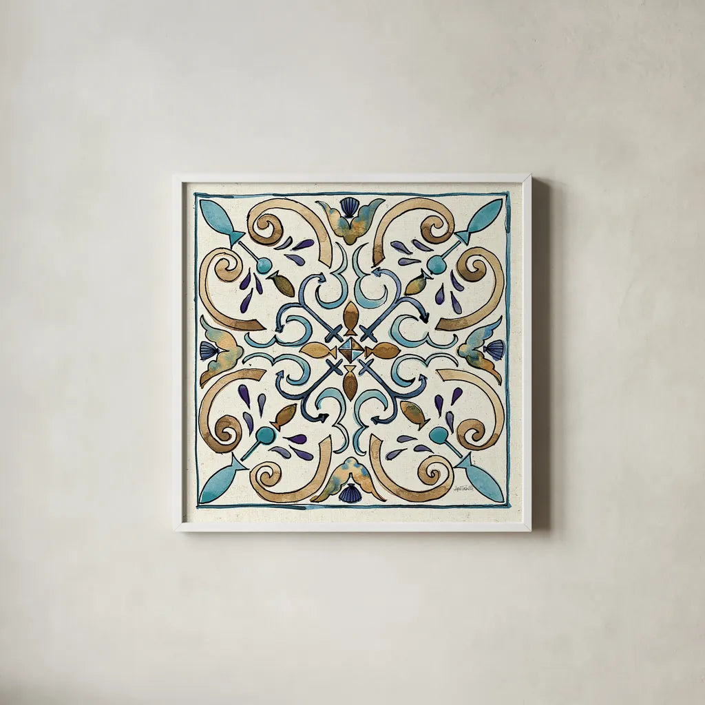 Coastal Breeze Tile I by Anne Tavoletti. Shown in a crisp white glass frame for a clean and minimalist style. Available as an archival giclee rolled canvas, fine art paper, or poster print. SKU 20652a.