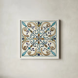 Coastal Breeze Tile I by Anne Tavoletti. Shown in a crisp white glass frame for a clean and minimalist style. Available as an archival giclee rolled canvas, fine art paper, or poster print. SKU 20652a.