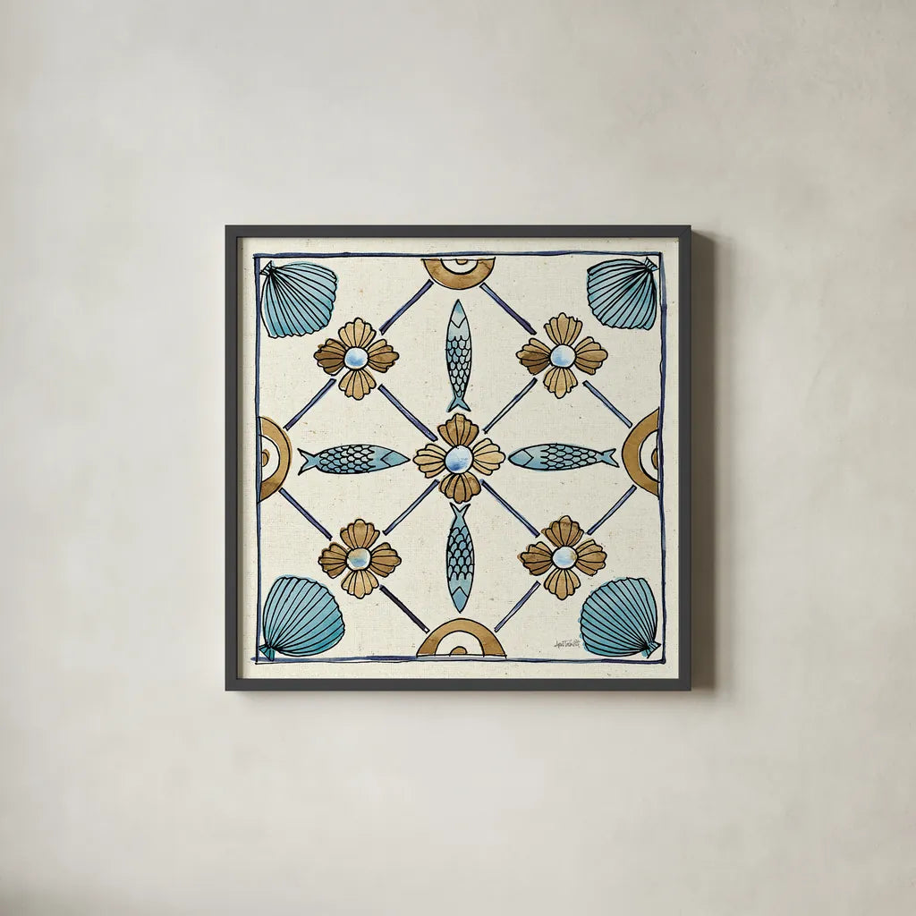 Coastal Breeze Tile II by Anne Tavoletti. Shown in a sleek black glass frame for a contemporary gallery look. Available as an archival giclee rolled canvas, fine art paper, or poster print. SKU 20653a.