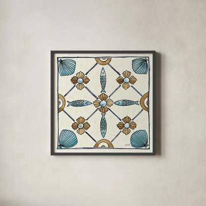 Coastal Breeze Tile II by Anne Tavoletti. Shown in a sleek black glass frame for a contemporary gallery look. Available as an archival giclee rolled canvas, fine art paper, or poster print. SKU 20653a.