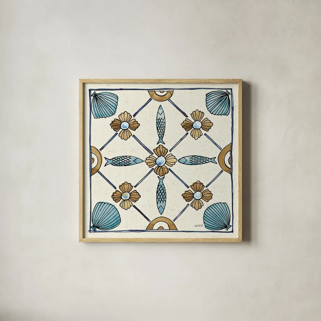 Coastal Breeze Tile II by Anne Tavoletti. Shown in a natural wood glass frame for a timeless modern aesthetic. Available as an archival giclee rolled canvas, fine art paper, or poster print. SKU 20653a.