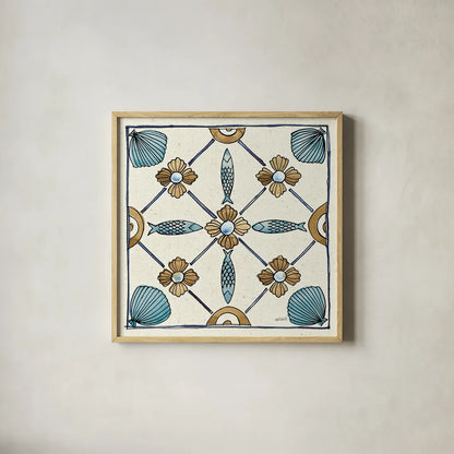 Coastal Breeze Tile II by Anne Tavoletti. Shown in a natural wood glass frame for a timeless modern aesthetic. Available as an archival giclee rolled canvas, fine art paper, or poster print. SKU 20653a.
