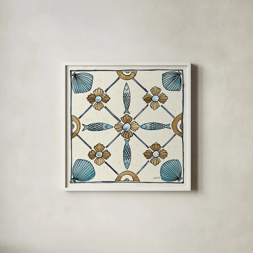 Coastal Breeze Tile II by Anne Tavoletti. Shown in a crisp white glass frame for a clean and minimalist style. Available as an archival giclee rolled canvas, fine art paper, or poster print. SKU 20653a.