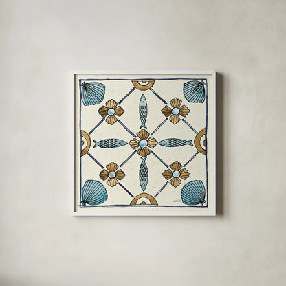 Coastal Breeze Tile II by Anne Tavoletti. Shown in a crisp white glass frame for a clean and minimalist style. Available as an archival giclee rolled canvas, fine art paper, or poster print. SKU 20653a.