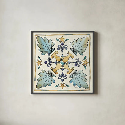 Coastal Breeze Tile III by Anne Tavoletti. Shown in a sleek black glass frame for a contemporary gallery look. Available as an archival giclee rolled canvas, fine art paper, or poster print. SKU 20654a.