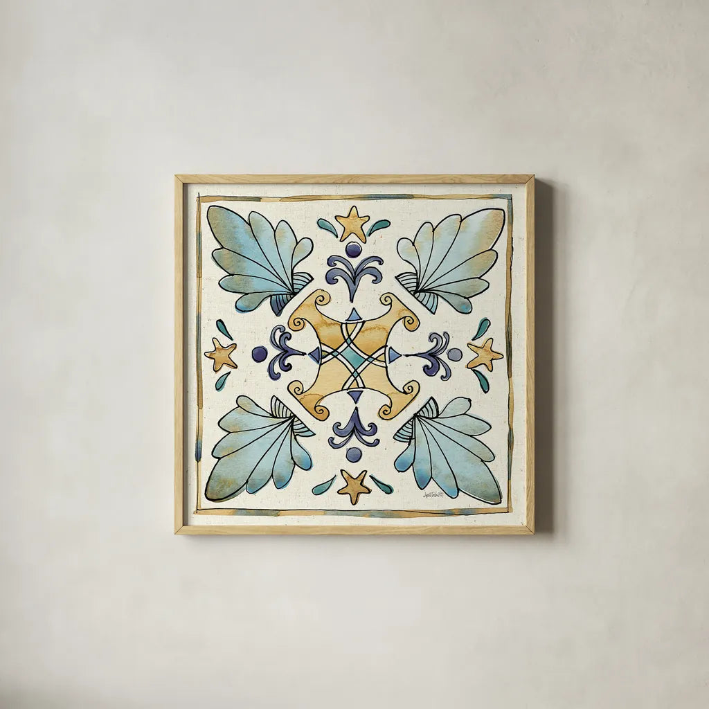 Coastal Breeze Tile III by Anne Tavoletti. Shown in a natural wood glass frame for a timeless modern aesthetic. Available as an archival giclee rolled canvas, fine art paper, or poster print. SKU 20654a.