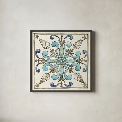 Coastal Breeze Tile IV by Anne Tavoletti. Shown in a sleek black glass frame for a contemporary gallery look. Available as an archival giclee rolled canvas, fine art paper, or poster print. SKU 20655a.