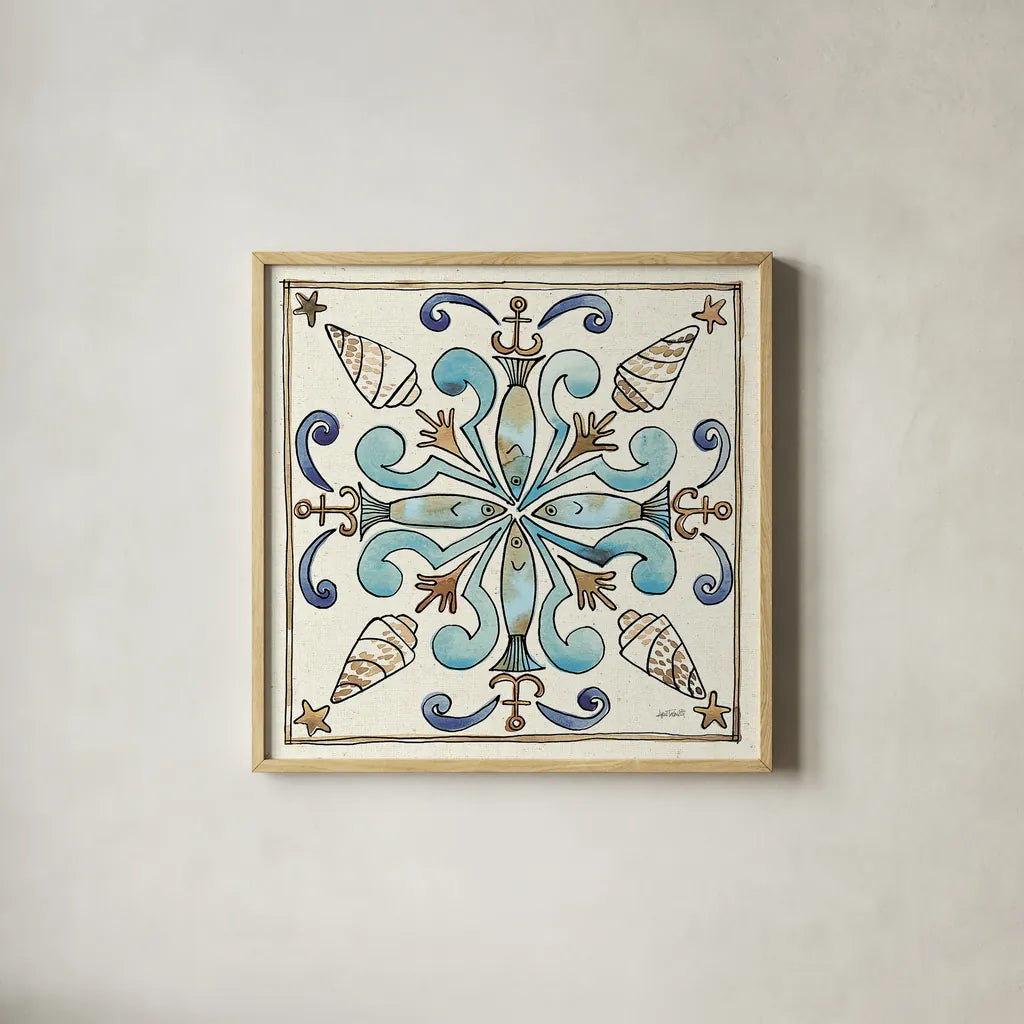 Coastal Breeze Tile IV by Anne Tavoletti. Shown in a natural wood glass frame for a timeless modern aesthetic. Available as an archival giclee rolled canvas, fine art paper, or poster print. SKU 20655a.