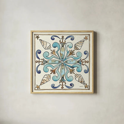 Coastal Breeze Tile IV by Anne Tavoletti. Shown in a natural wood glass frame for a timeless modern aesthetic. Available as an archival giclee rolled canvas, fine art paper, or poster print. SKU 20655a.