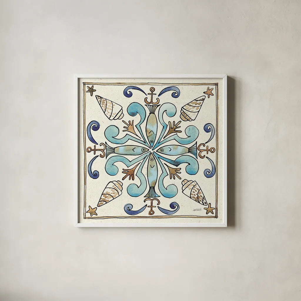 Coastal Breeze Tile IV by Anne Tavoletti. Shown in a crisp white glass frame for a clean and minimalist style. Available as an archival giclee rolled canvas, fine art paper, or poster print. SKU 20655a.