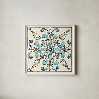 Coastal Breeze Tile IV by Anne Tavoletti. Shown in a crisp white glass frame for a clean and minimalist style. Available as an archival giclee rolled canvas, fine art paper, or poster print. SKU 20655a.