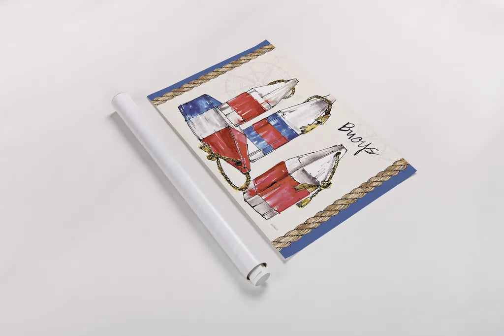 Coastal Buoys I by Anne Tavoletti. shown as a rolled paper print. Available as archival giclee rolled canvas, fine art paper, or poster print. SKU 43273i.