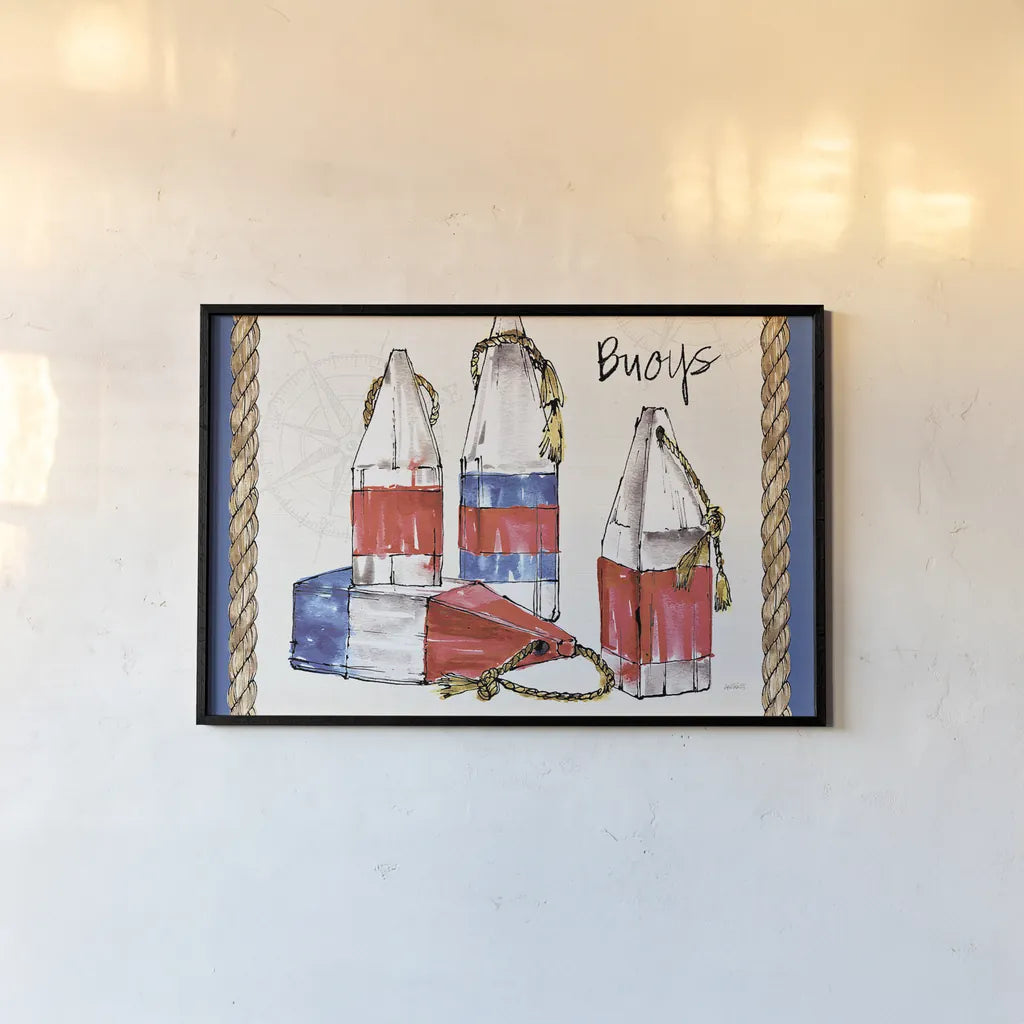 Coastal Buoys I by Anne Tavoletti. shown as a paper print in a black flame. Available as a archival giclee rolled canvas, fine art paper, or poster print. SKU 43273i.