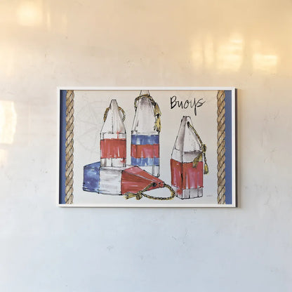Coastal Buoys I by Anne Tavoletti. shown as a paper print in a white frame. Available as a archival giclee rolled canvas, fine art paper, or poster print. SKU 43273i.