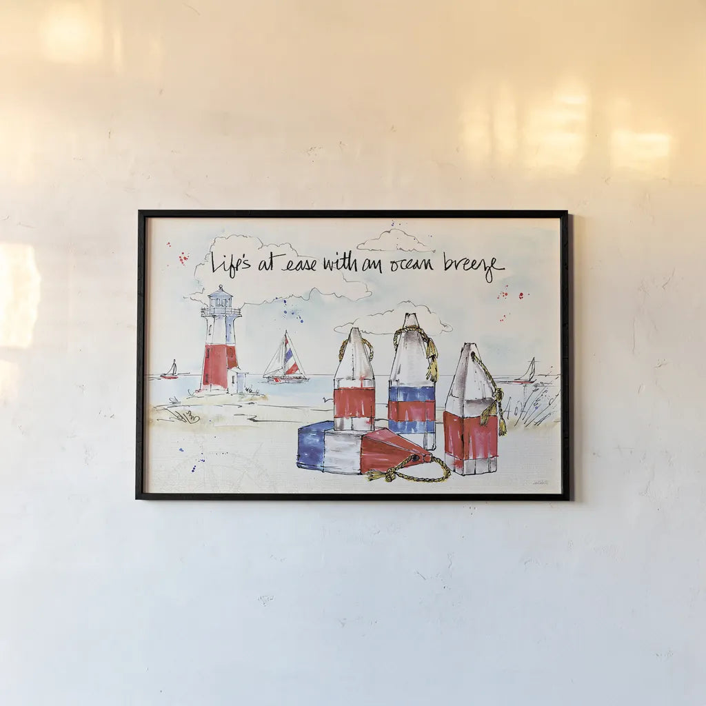 Coastal Buoys II by Anne Tavoletti. shown as a paper print in a black flame. Available as a archival giclee rolled canvas, fine art paper, or poster print. SKU 44750i.