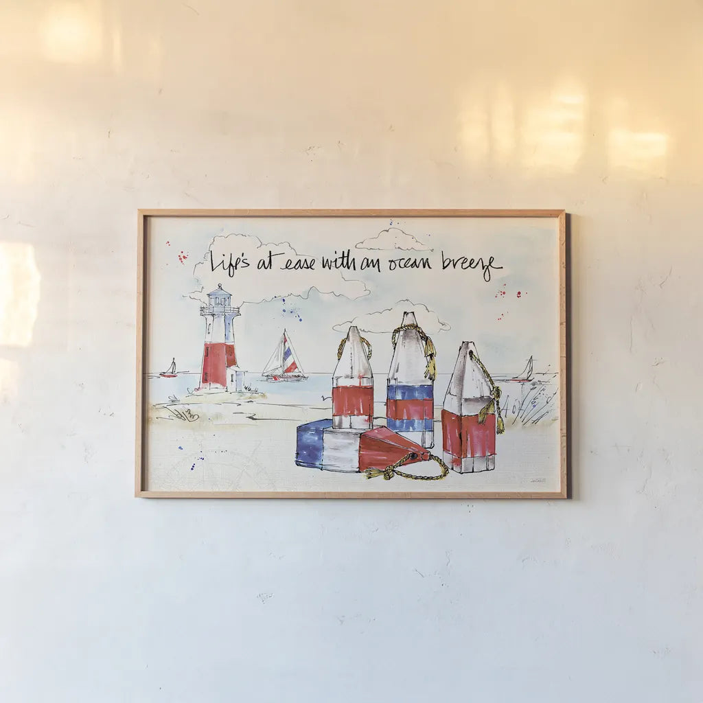 Coastal Buoys II by Anne Tavoletti. shown as a paper print in a natural frame. Available as a archival giclee rolled canvas, fine art paper, or poster print. SKU 44750i.