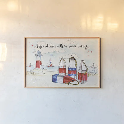 Coastal Buoys II by Anne Tavoletti. shown as a paper print in a natural frame. Available as a archival giclee rolled canvas, fine art paper, or poster print. SKU 44750i.