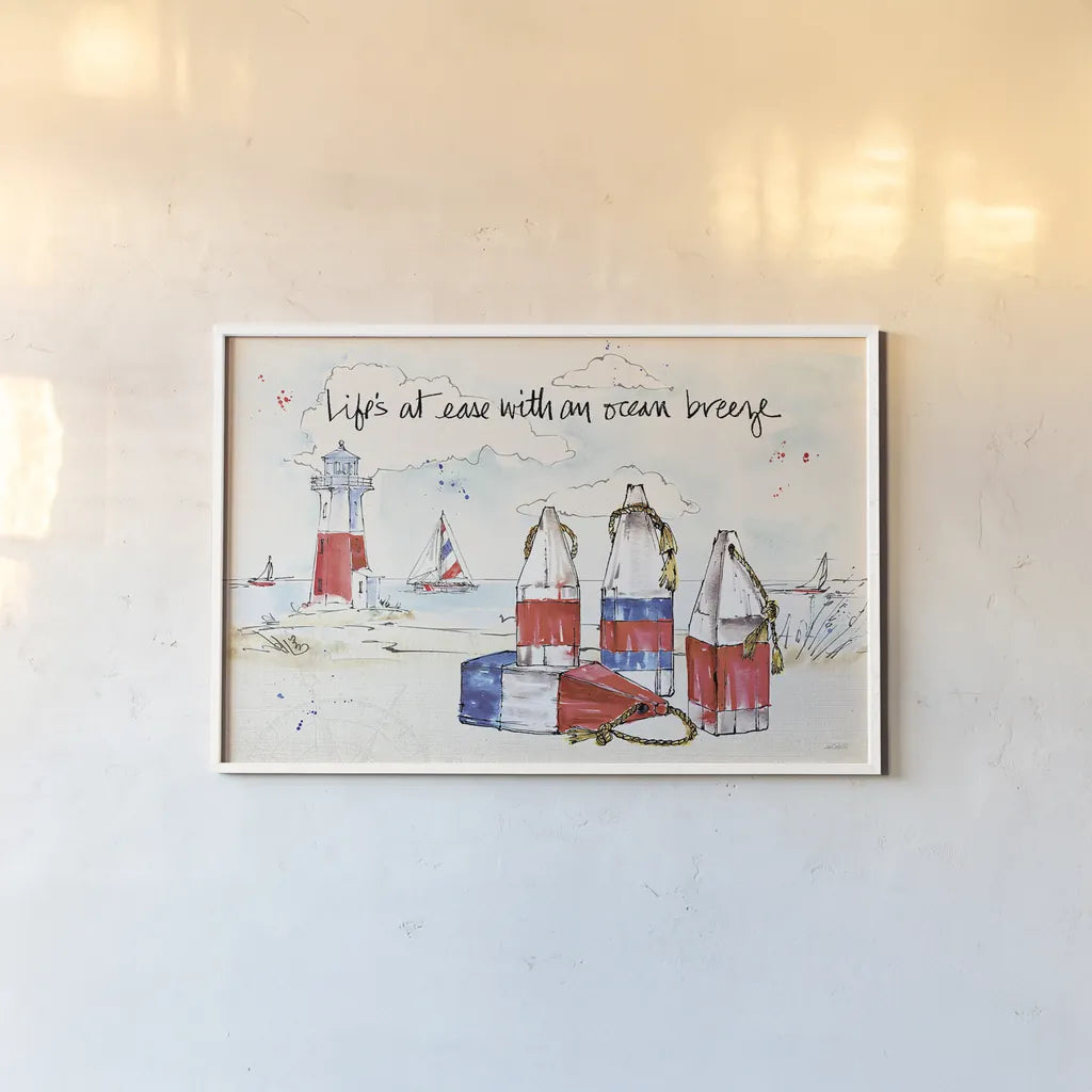 Coastal Buoys II by Anne Tavoletti. shown as a paper print in a white frame. Available as a archival giclee rolled canvas, fine art paper, or poster print. SKU 44750i.