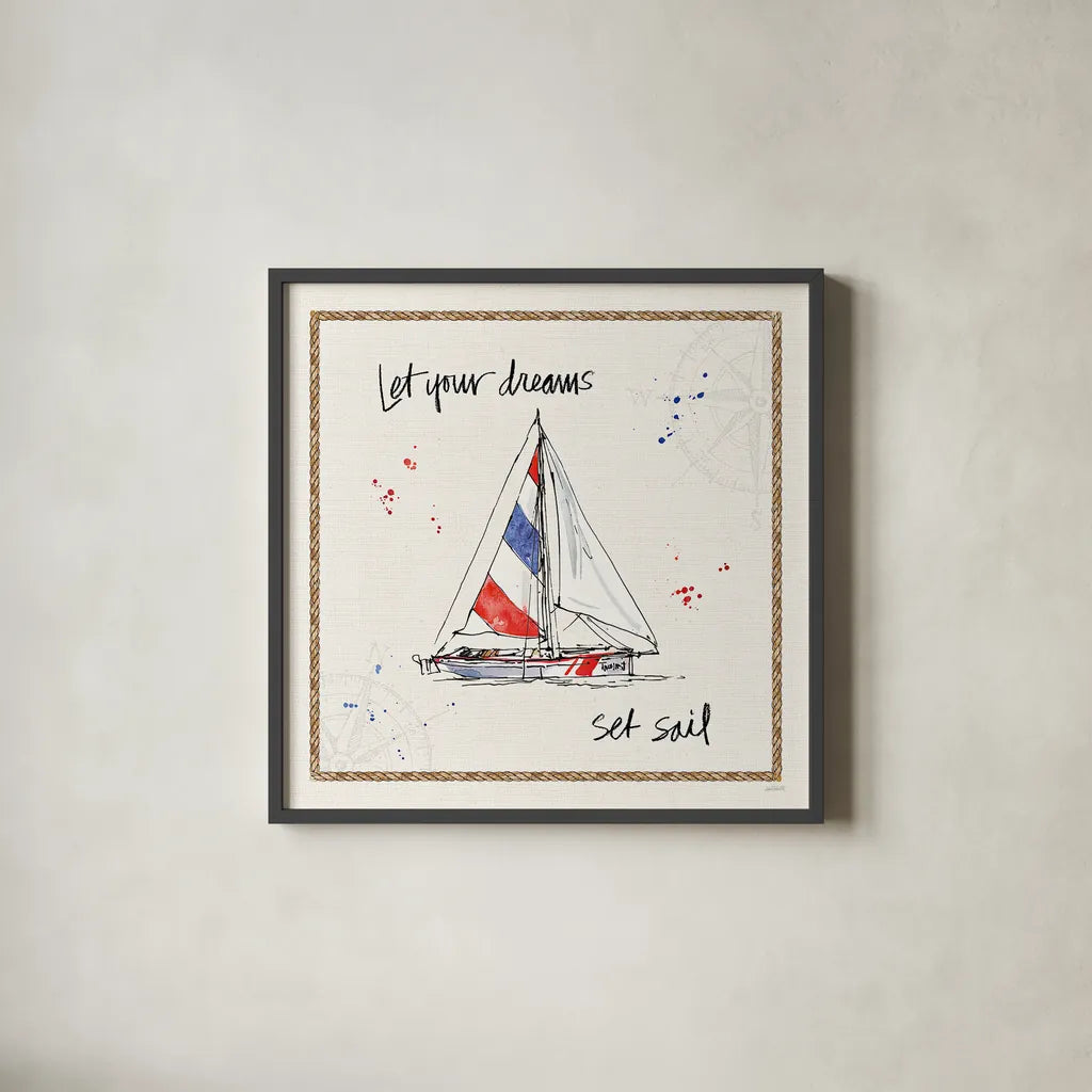 Coastal Buoys III by Anne Tavoletti. Shown in a sleek black glass frame for a contemporary gallery look. Available as an archival giclee rolled canvas, fine art paper, or poster print. SKU 44751a.