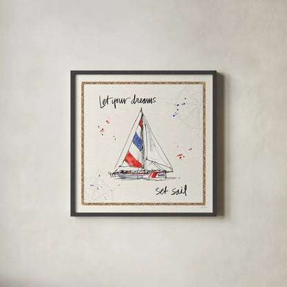 Coastal Buoys III by Anne Tavoletti. Shown in a sleek black glass frame for a contemporary gallery look. Available as an archival giclee rolled canvas, fine art paper, or poster print. SKU 44751a.