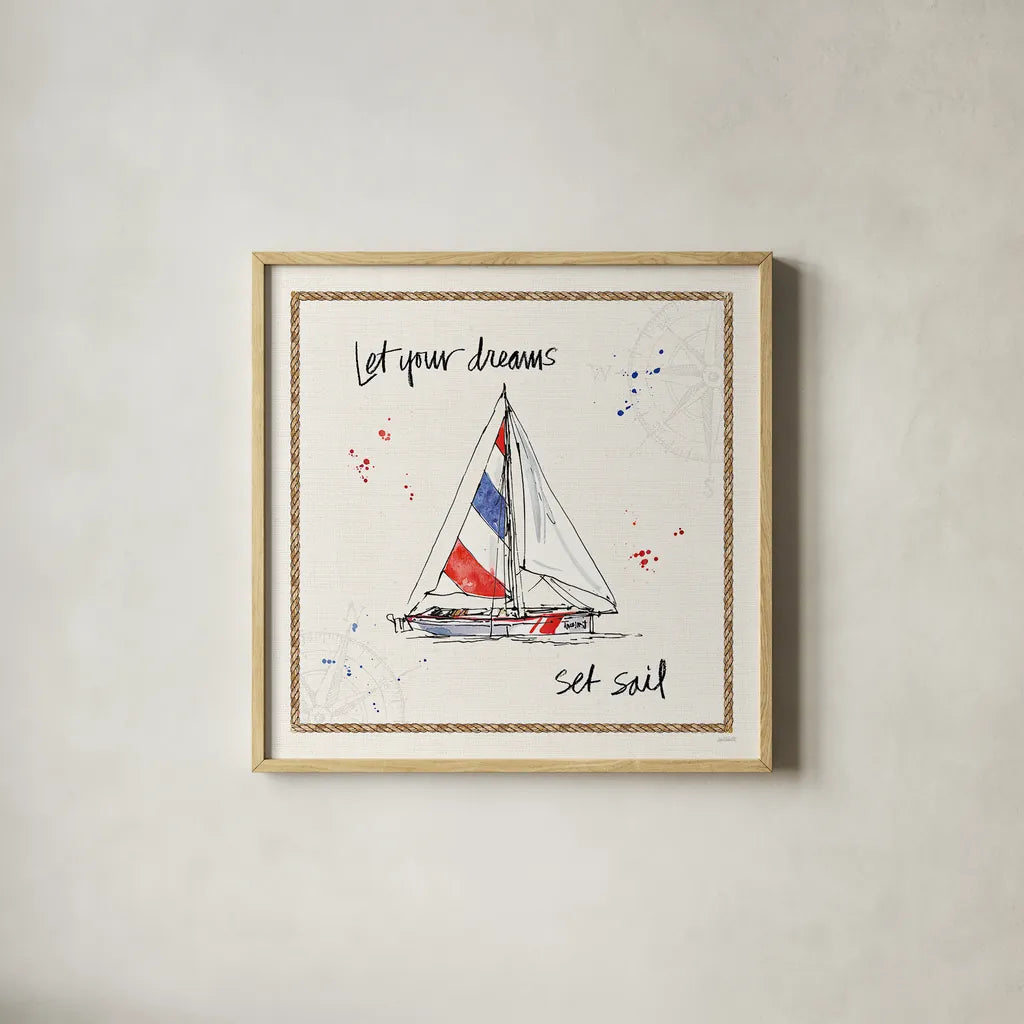 Coastal Buoys III by Anne Tavoletti. Shown in a natural wood glass frame for a timeless modern aesthetic. Available as an archival giclee rolled canvas, fine art paper, or poster print. SKU 44751a.