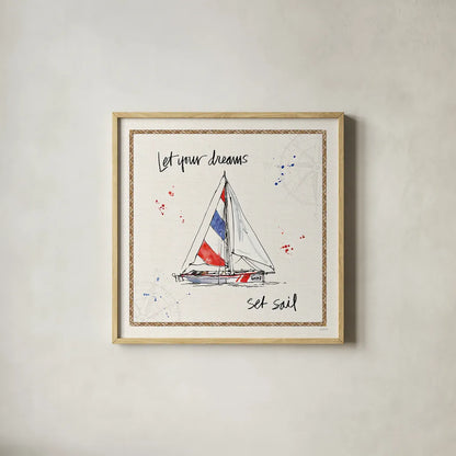 Coastal Buoys III by Anne Tavoletti. Shown in a natural wood glass frame for a timeless modern aesthetic. Available as an archival giclee rolled canvas, fine art paper, or poster print. SKU 44751a.