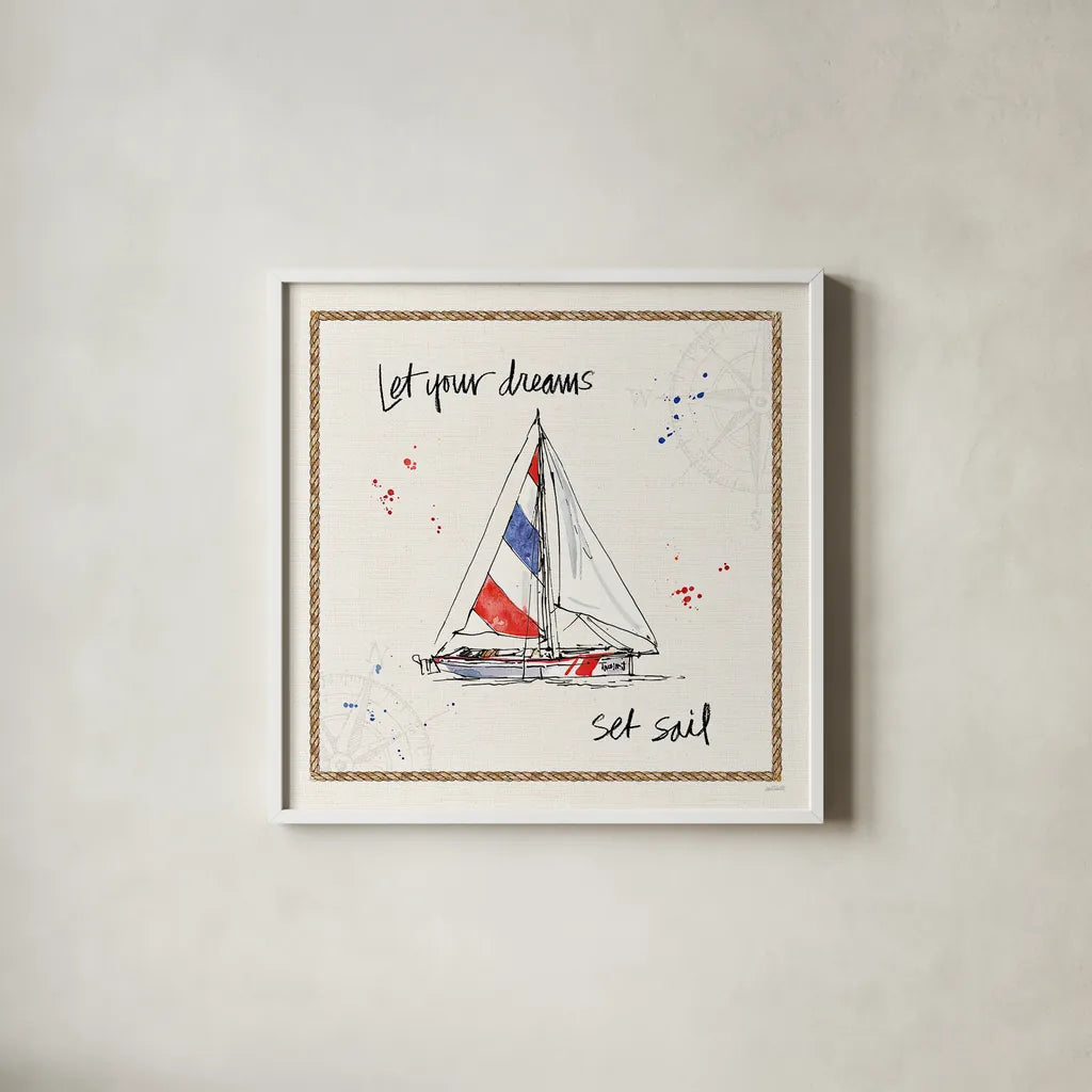 Coastal Buoys III by Anne Tavoletti. Shown in a crisp white glass frame for a clean and minimalist style. Available as an archival giclee rolled canvas, fine art paper, or poster print. SKU 44751a.