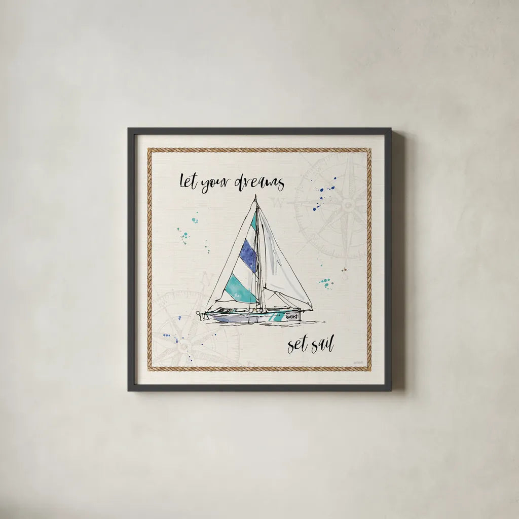 Coastal Buoys III v2 by Anne Tavoletti. Shown in a sleek black glass frame for a contemporary gallery look. Available as an archival giclee rolled canvas, fine art paper, or poster print. SKU 46158a.