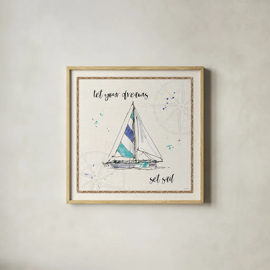 Coastal Buoys III v2 by Anne Tavoletti. Shown in a natural wood glass frame for a timeless modern aesthetic. Available as an archival giclee rolled canvas, fine art paper, or poster print. SKU 46158a.